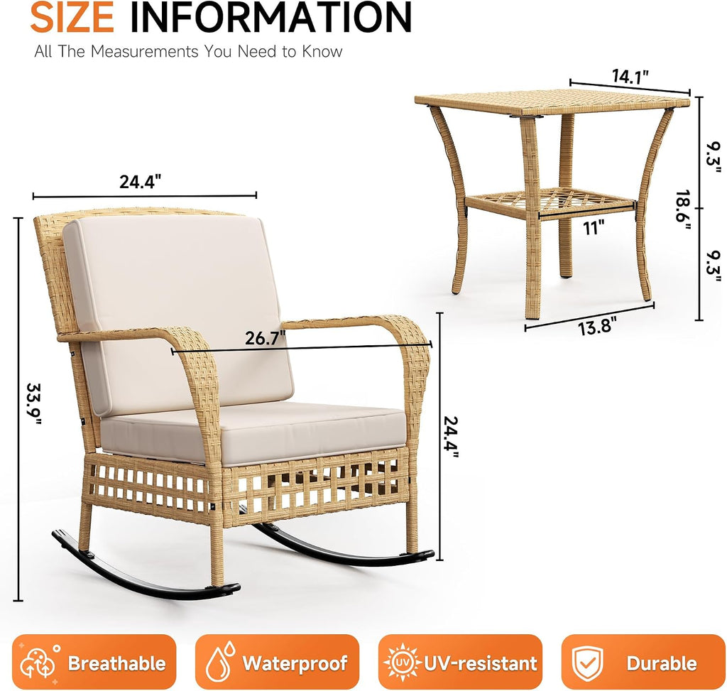 Outdoor Rocking Chair Set, 3-Piece Wicker Patio Furniture | Elegant Wicker Style | Comfortable Cushions | Stable