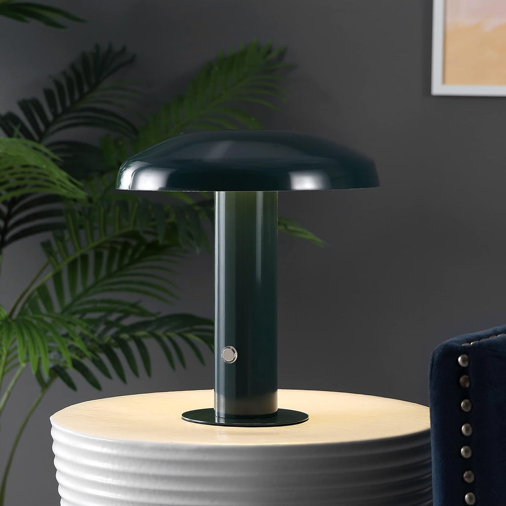 11" Forest Green Rechargeable LED Mushroom Table Lamp, Cordless Portable Dimmable Mid-Century Modern Accent Lamp