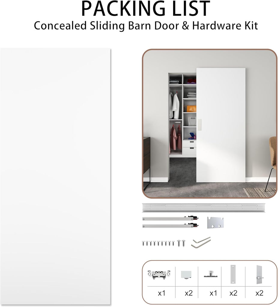 30"x84" Flush Solid Core White Primed Concealed Sliding Hidden Barn Door with Soft Close Installatio