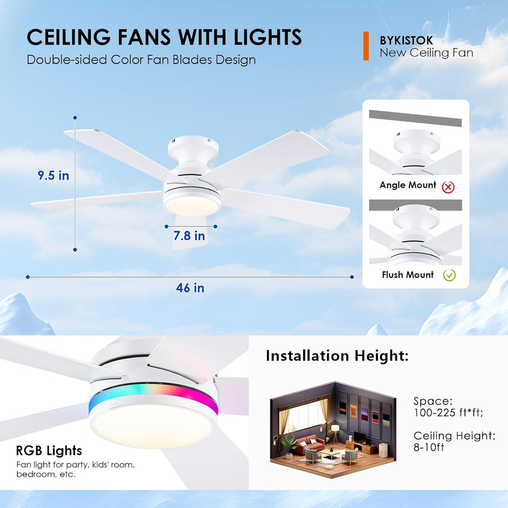 46" Flush Mount RGB Ceiling Fans with Lights - White Low Profile Ceiling Fan Light with Remote/APP, RGB+3CCT 6 Wind Speeds and Reversible, Modern Fan Light Fixture for Party, Kiad's Room