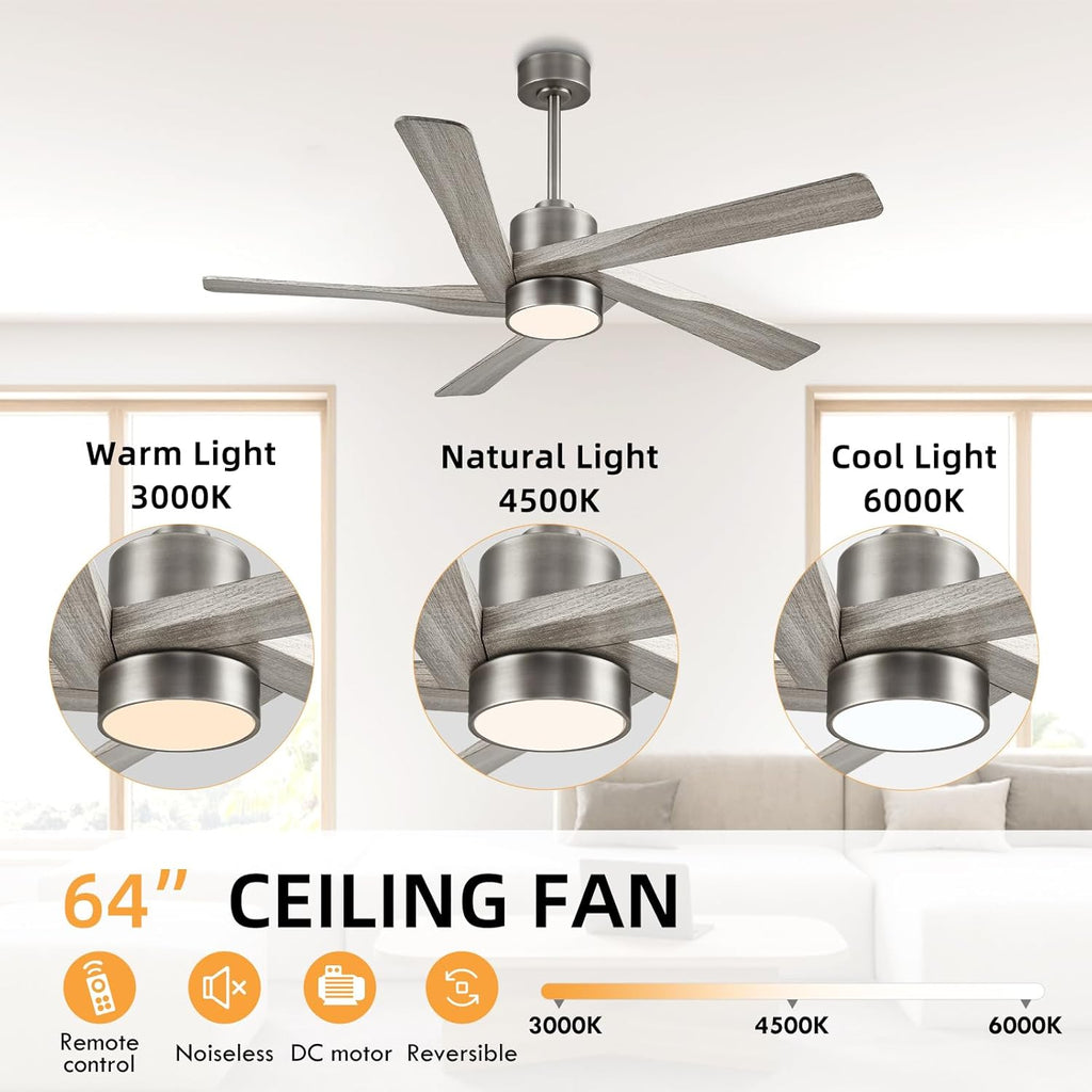 64" ABS DC Ceiling Fan with Lights, 5 Blade ABS Wood Grain Ceiling Fan with Remote, 6-Speed Reversible DC Motor