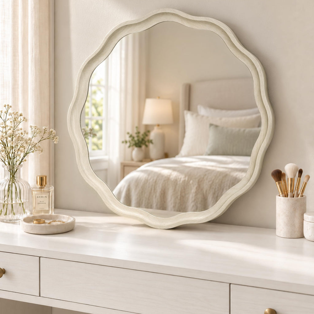 30 Inch Washed White Scalloped Round Bathroom Mirror, Wood Frame