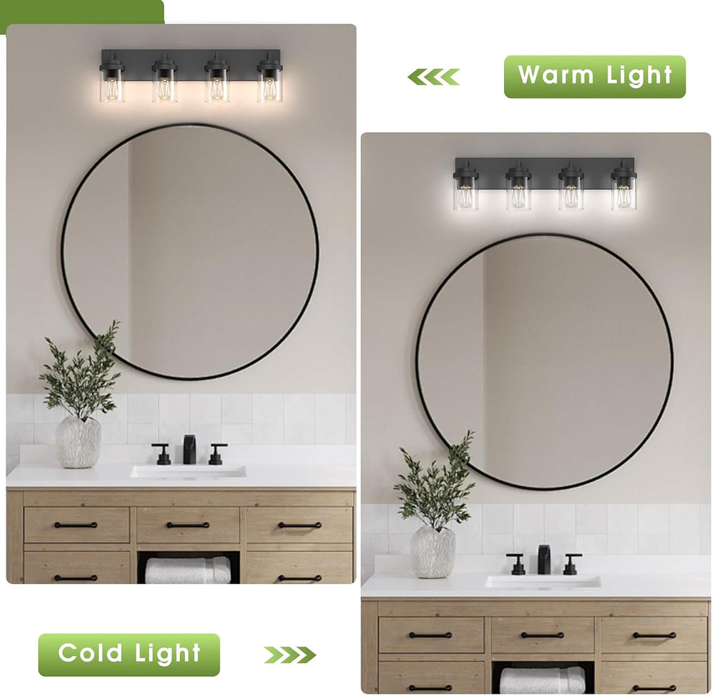 Bathroom Vanity Light, 4 Light Matte Black Vanity Light with Clear Glass Shade, 30in Farmhouse Vanity Light, Bathroom