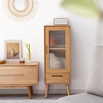 100% Solid Wood Small Storage Cabinet, Pantry Cabinets Storage with Shelves and Drawer, Accent Cabinet with Glass