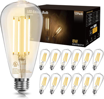 12 Pack Vintage LED Edison Bulbs, E26 Dimmable LED Bulb, 60 watt Equivalent, ST58 Antique Filament Light Bulbs with Warm White 2700K, Brightness 8W, 800LM, 80+ CRI