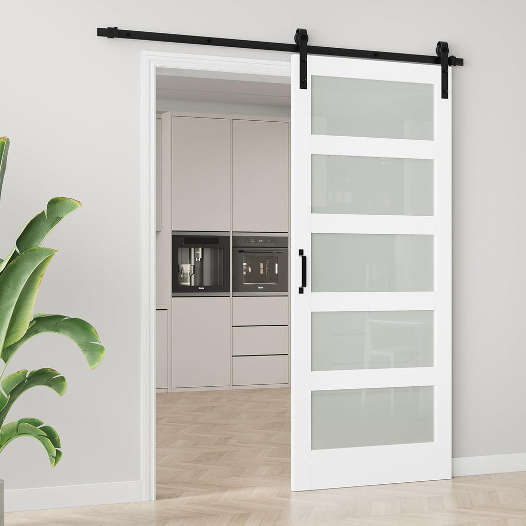 36" x 84" Glass Barn Door with 6.6 FT Hardware Kit, Handle & Floor Guide, Pre-Drilled Sliding Barn D