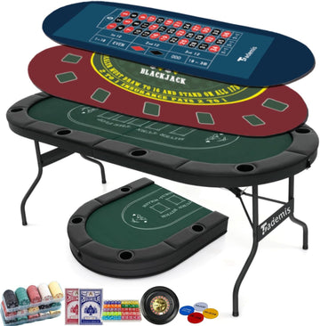 8 Player Foldable Poker Table Top 4-in-1 Casino Game Set for Texas Hold'em, Blackjack, Hi-Lo Dice & Roulette
