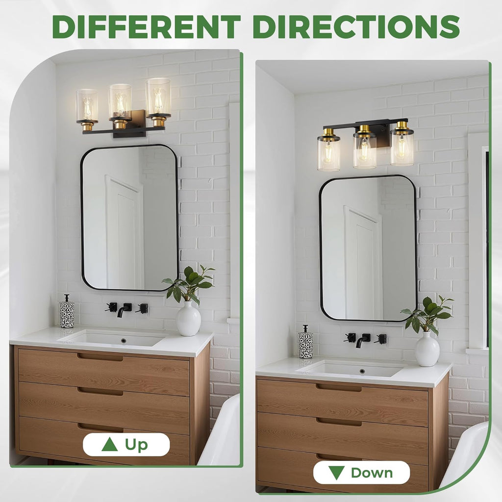 Bathroom Light Fixtures, 3-Light Black and Gold Bathroom Lights Over Mirror with Clear Glass Shade,Vanity Lights