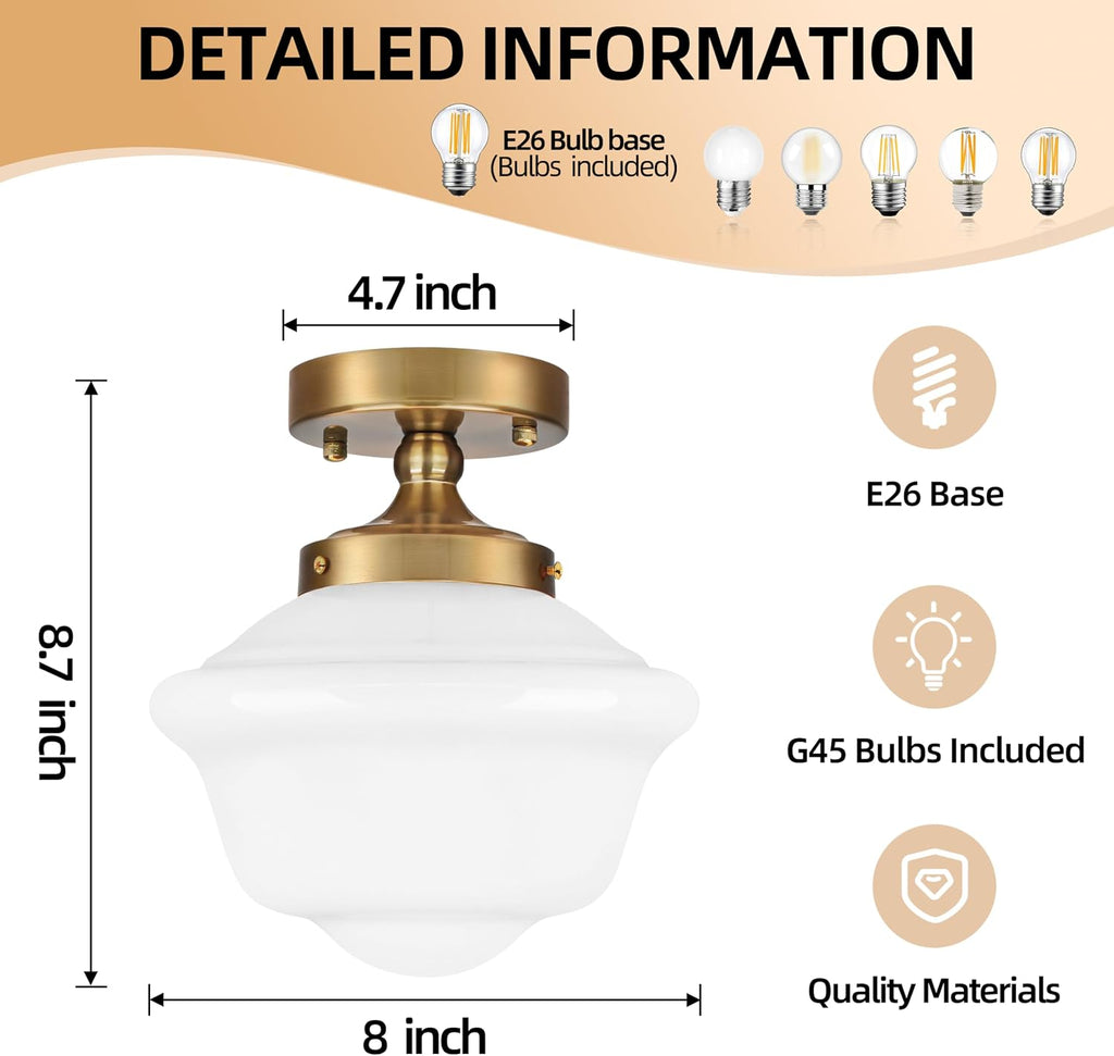 8" Gold Schoolhouse Lights Fixture Schoolhouse Light Fixtures Ceiling Mid Century Lights Fixture Milk Glass Fixtures