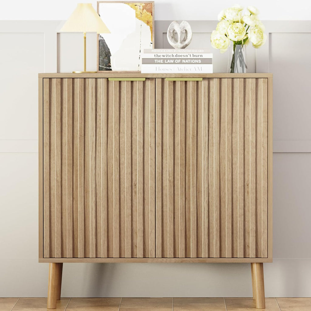 Fluted Storage Cabinet, Free Standing Buffet, Wood Sideboard, Multifunctional Accent Storage (1, Oak)