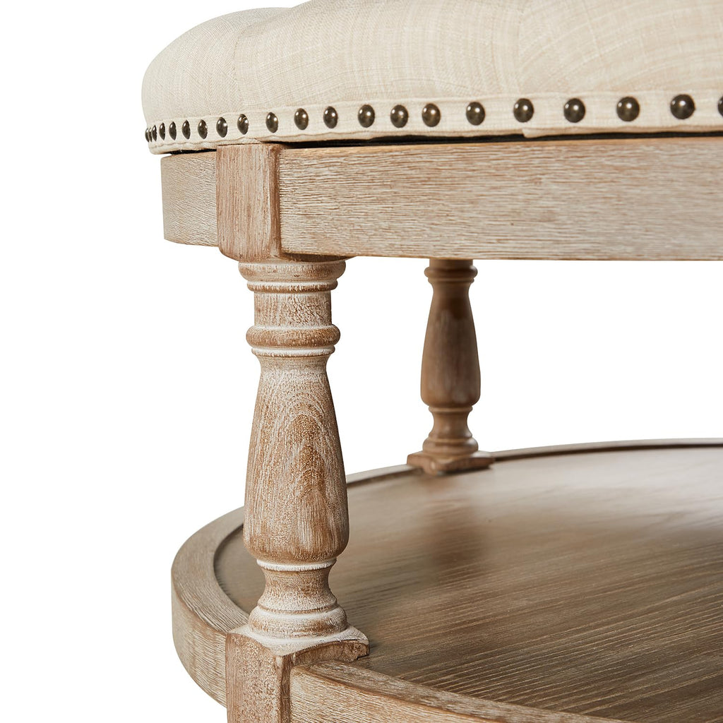 Large Round Ottoman Coffee Table with Storage, Button Tufted Cocktail Ottoman with Shelf & Solid Wood Legs
