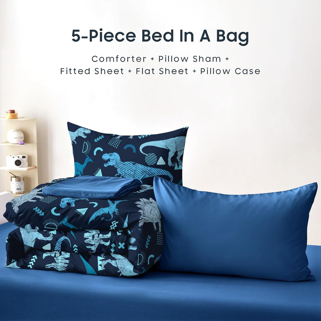 Dinosaur Bedding Set for Boys, Jurassic Dino World Sketch, Soft Lightweight Comforter Set with Sheets, 5 Pieces Kids