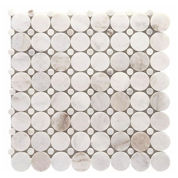 Bianco Orion White Polished Marble Mosaic Tile, Circle Penny Round Pattern, Natural Stone Floor & Wall Tile, Shower