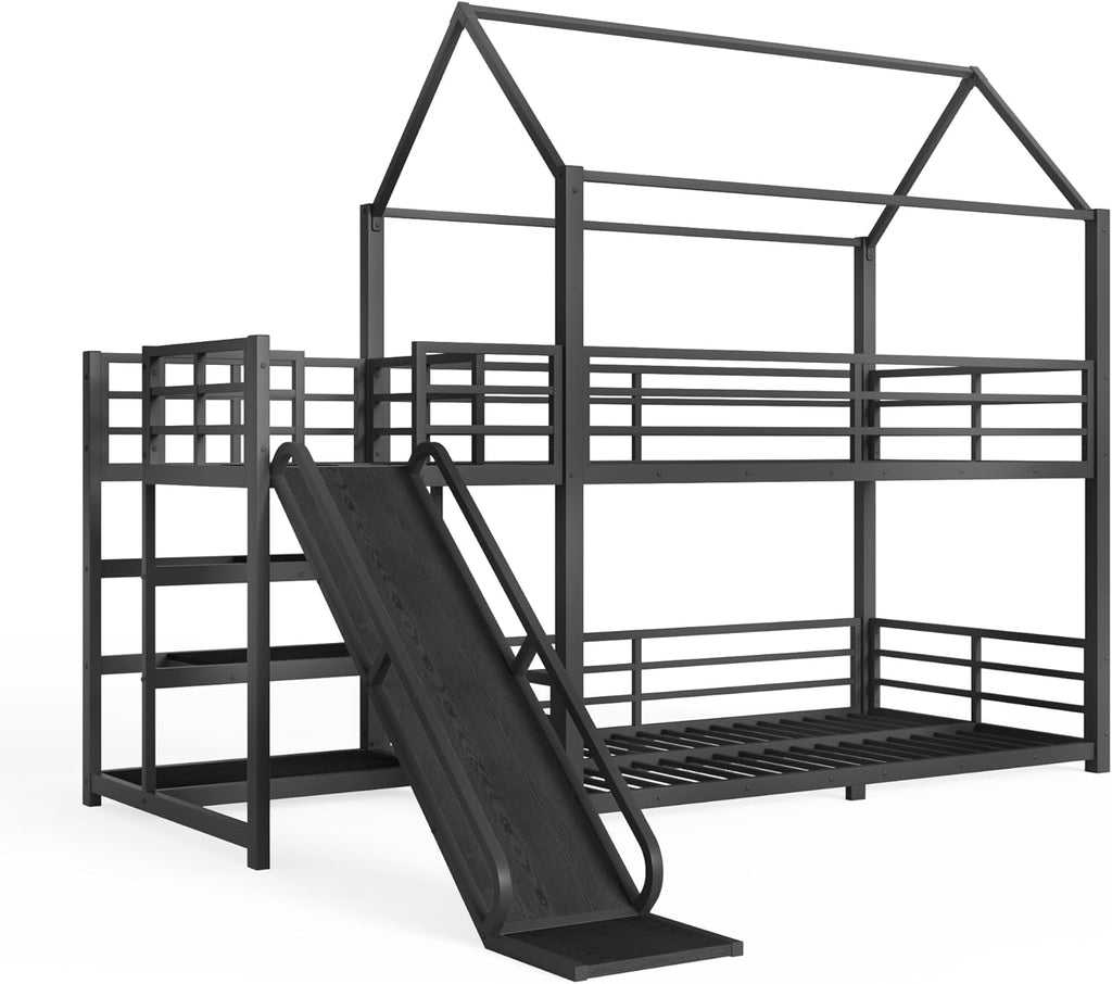 Metal Bunk beds Twin Over Twin with Slide and Storage Stairs, House Floor bunk Bed with guardrail for Kids,Black