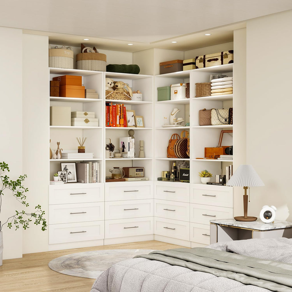 Closet System with 3 Drawers & 4 Shelves, Wood Closet Organizer System with 1 Extra Hanging Rod for Walk in Closet