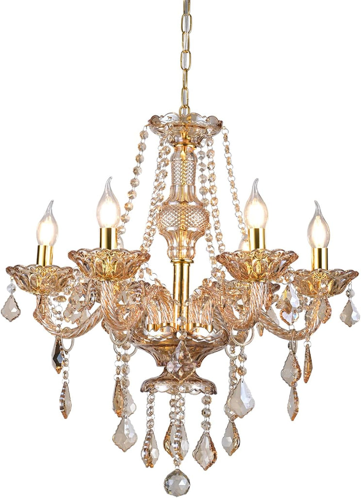 Luxury Amber K9 Crystal Chandelier 6-Light Candle Style Modern Pendant Ceiling Fixture Compatible with E12 Bulbs for Living Room Dining Room Bedroom Hallway Entry (6 Lights) A110-B0CRHFYJ55