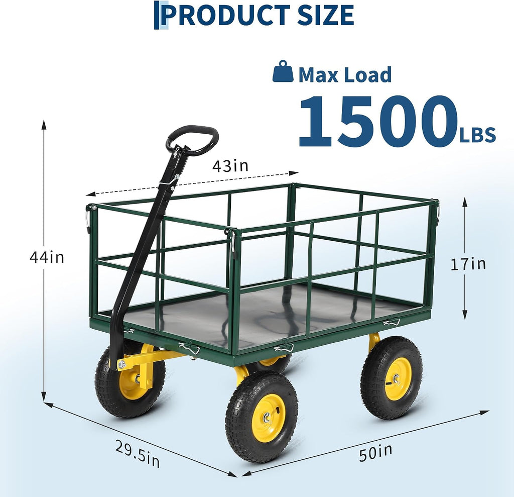 Heavy Duty 1500 Lbs Steel Garden Cart - 3-in-1 Utility Wagon & Trailer with Removable Mesh Sides, 13" All-Terrain