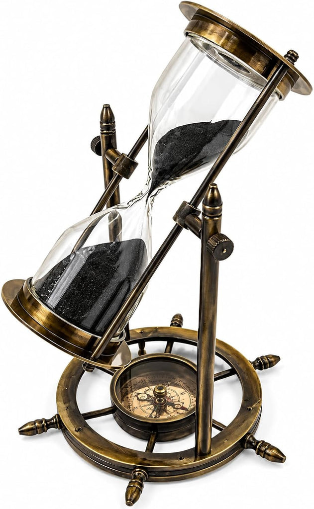 Antique Brass Nautical Hourglass with Compass Base, Vintage Sand Timer Decorative Showpiece, Maritime Glass Hour