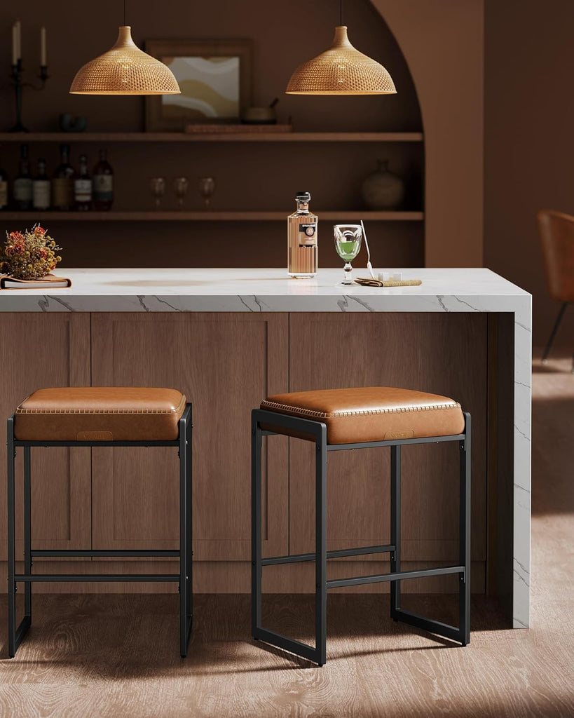 EKHO Collection - Bar Stools Set of 2, Counter Height Bar Stools, Synthetic Leather with Stitching, Mid-Century