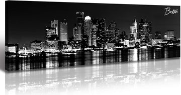 Boston Canvas Wall Art Black White Cityscape Decor 13.8"x47.3" | Panoramic Skyline Print, Ready to Hang Decoration