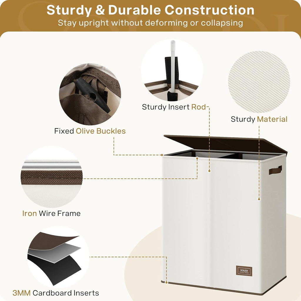 Luxury Double Laundry Hamper with Lid and Removable Bags, 38.3 Gal Large Laundry Bin, Laundry Basket 2 Sections
