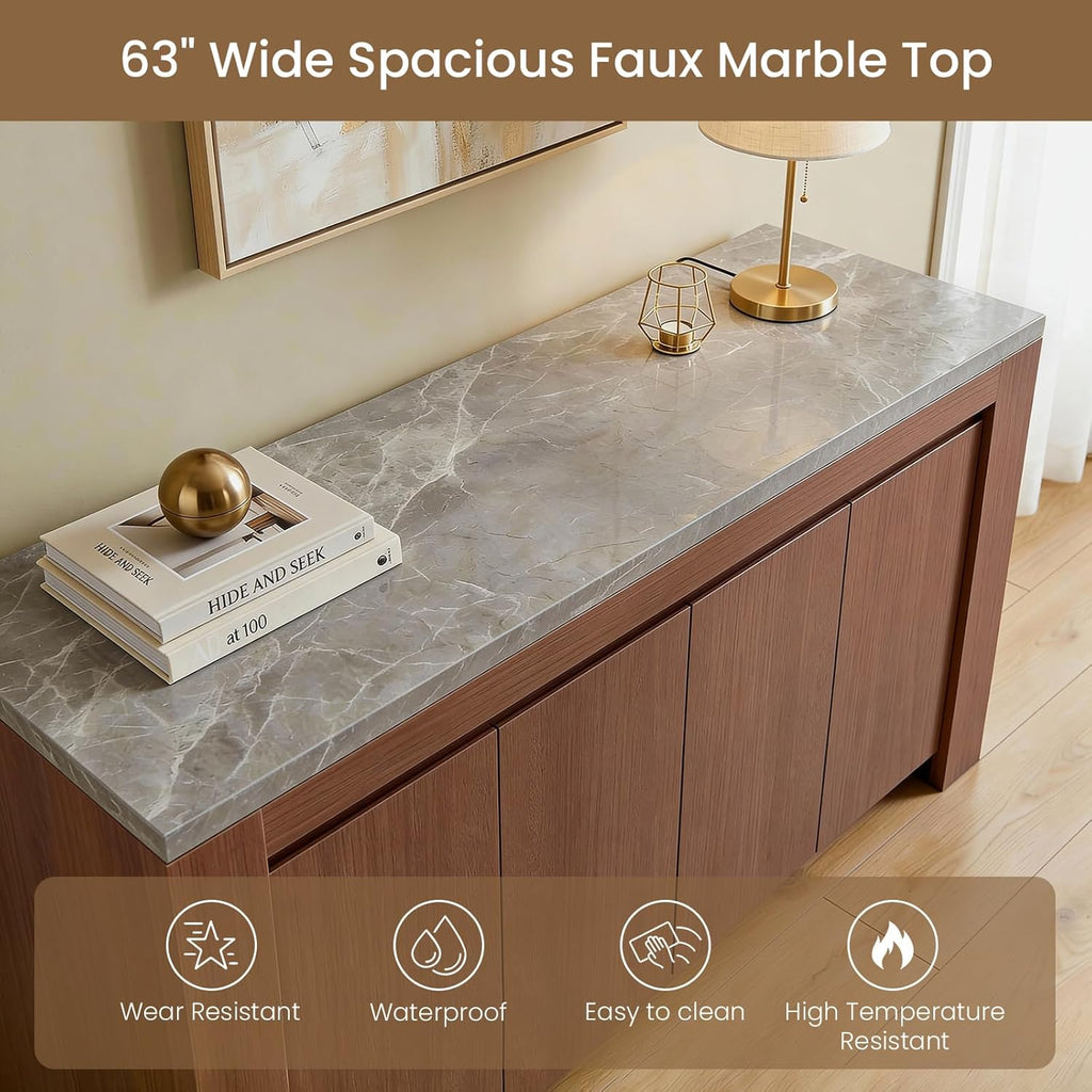 Buffet Cabinet with Storage, 63" Sideboard Buffet Accent Cabinet with Faux Marble Top & 4 Doors