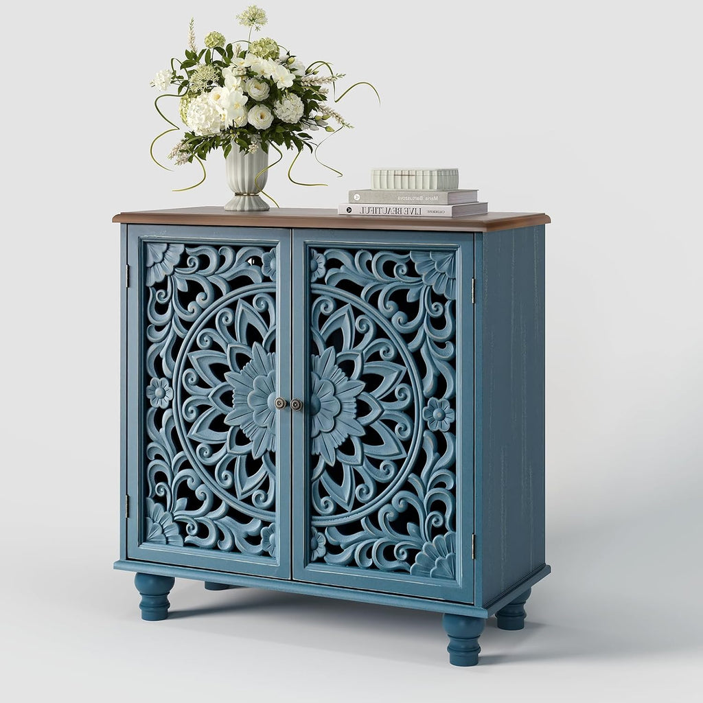31" Accent Storage Cabinet with Mandala Carved Doors,Blue & Walnut | Carved Floral Design, Solid Wood Legs, Farmhouse