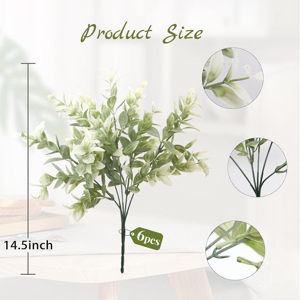 6 Bundles Artificial Greenery Stems, 14.5" Fake Lucky Bamboo Leaves Faux Outdoor Plants UV Resistant Plastic Shrubs