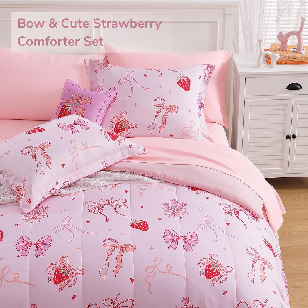Comforter Set for Girls - 4 Pieces Pink Bow Bedding Sets for Kids, 1 Comforter, 2 Shams and 1 Decor Pillow