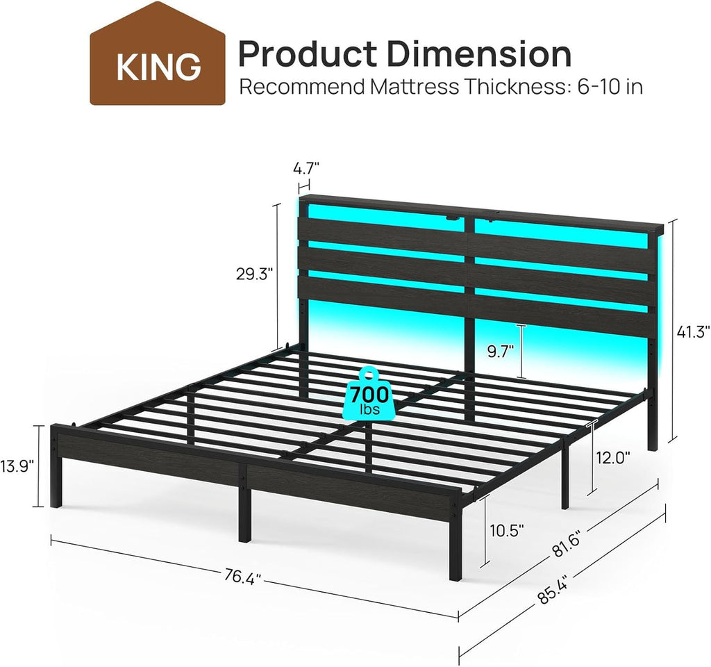 Bed Frame King with USB Charging Station, LED Bed Frame with Wood Storage Headboard