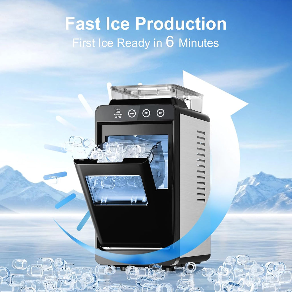 Countertop Ice Maker with 1.2L Top Water Tank, 8 Bullet Cubes in 6 Mins, 26.5lbs in 24Hrs, 2 Ice Sizes, Self-Cleaning