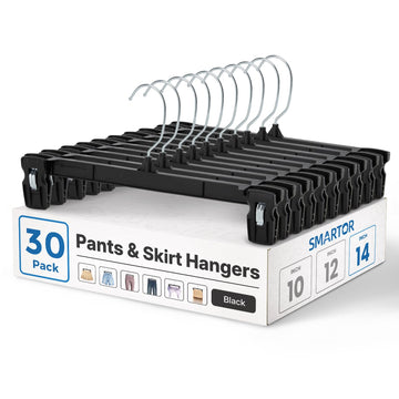 Smartor Black Pants Hangers 30 Pack, Skirt Hangers with Clips, 14 Inch