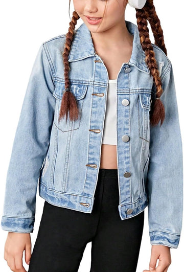 Girl's Jean Jacket Ripped Flap Button Front Collared Denim Jackets