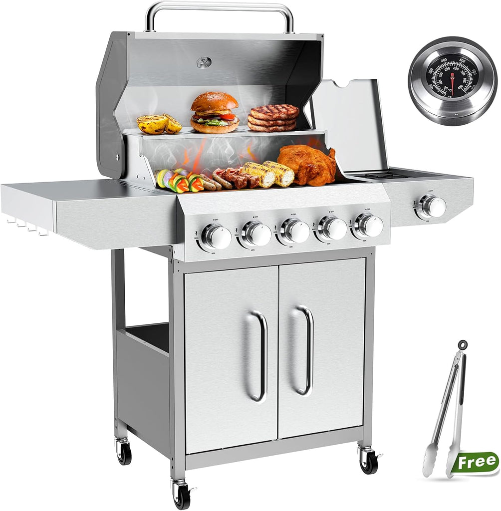 5+1 Burner Propane Gas Grill, 68,000 BTU Stainless Steel BBQ with Cast Iron Grates, Side Burner, 647 Sq. In. Cooking Area and Oil-Drain Plates for Outdoor Cooking