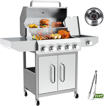 5+1 Burner Propane Gas Grill, 68,000 BTU Stainless Steel BBQ with Cast Iron Grates, Side Burner, 647 Sq. In. Cooking Area and Oil-Drain Plates for Outdoor Cooking