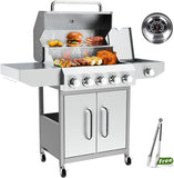 5+1 Burner Propane Gas Grill, 68,000 BTU Stainless Steel BBQ with Cast Iron Grates, Side Burner, 647 Sq. In. Cooking Area and Oil-Drain Plates for Outdoor Cooking