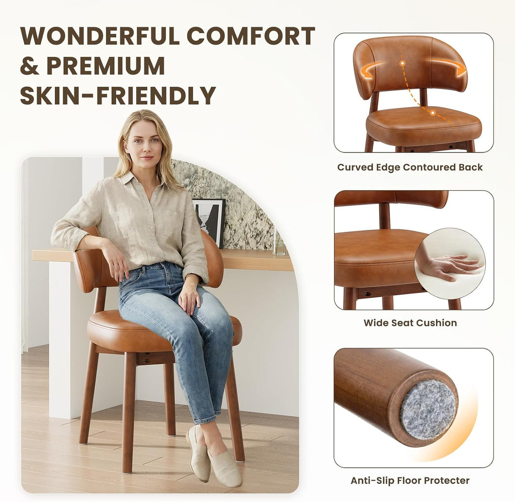 Wooden Dining Chairs Set of 2, Modern Upholstered Dining Room Chair, PU Leather Kitchen Side Chairs with Curved Open
