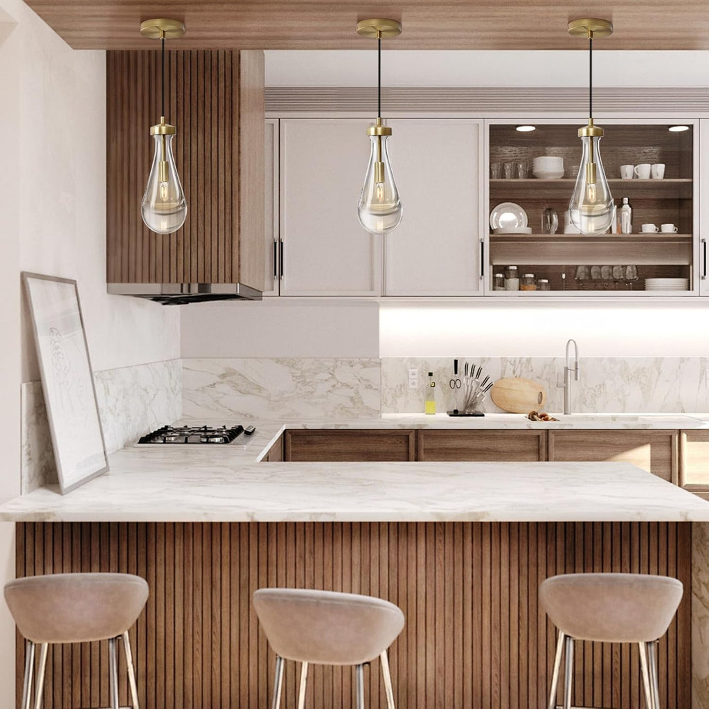 Raindrop Pendant Lights Kitchen Island Set of 2 Teardrop Gold Hanging Light Fixtures Clear Solid Glass Pendant Light Modern Chandeliers for Dining Room Porch Corridor Living Room
