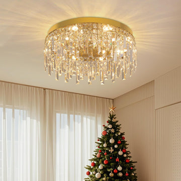 Gold Crystal Chandeliers for Dining Room 19.68" Round Luxury Flush Mount Crystal Ceiling Light Fixture Modern