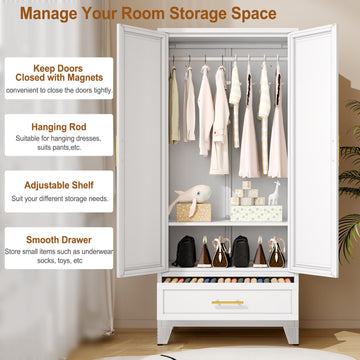 Metal Armoire Wardrobe Closet Storage Cabinet with Mirror White, 71'' Wardrobe Cabinet with Hanging Rod Metal Closet