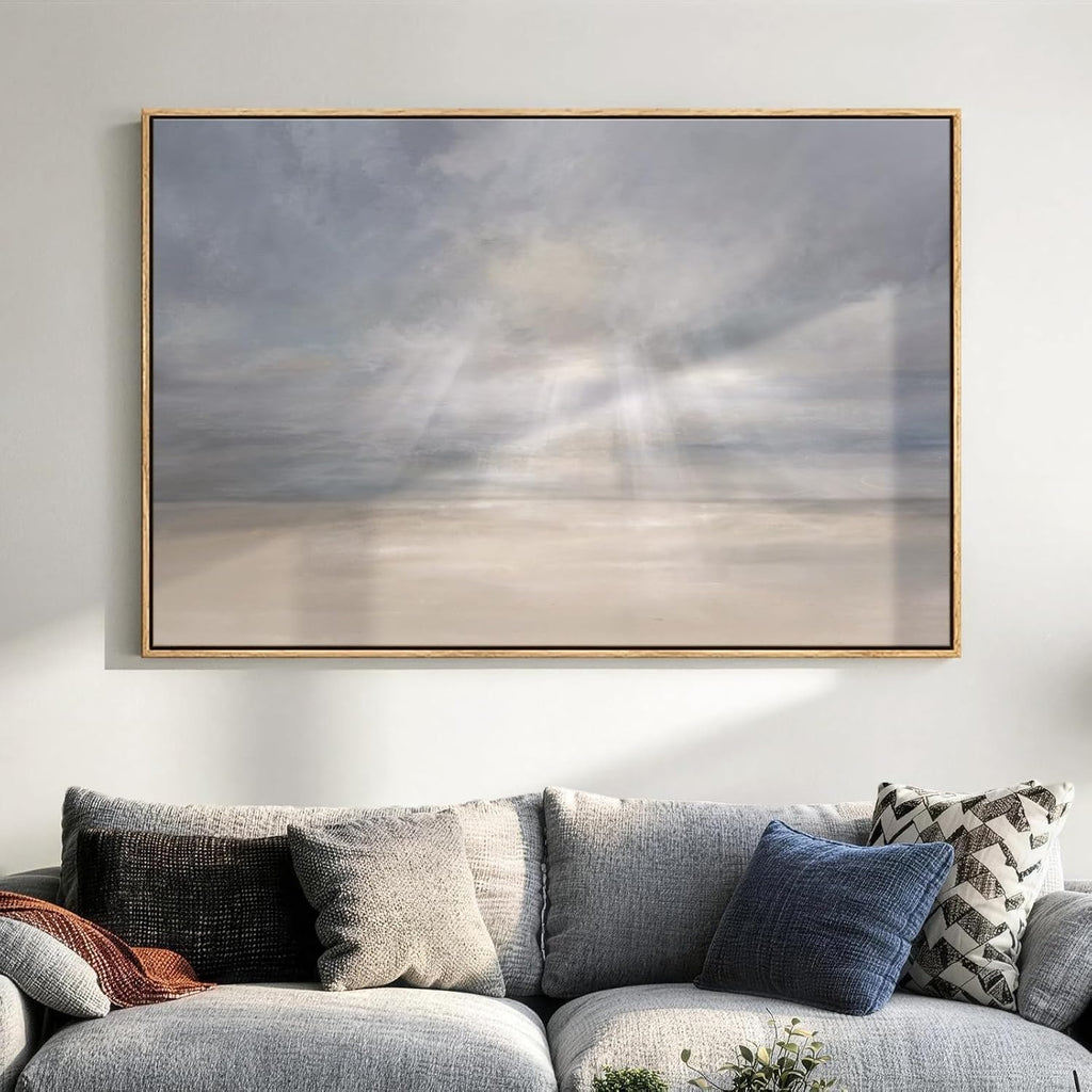 Large Framed Abstract Beach Landscape Wall Art, Horizontal Minimalist Coastal Seascape Canvas Artwork for Walls