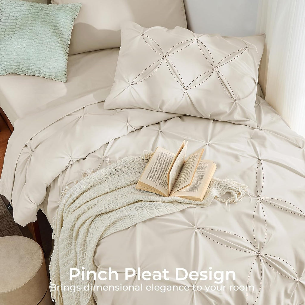 Twin Comforter Set, 5-Piece Bed in a Bag, Pintuck Bedding Sets for All Season, Includes Comforter, Flat Sheet, Fitted