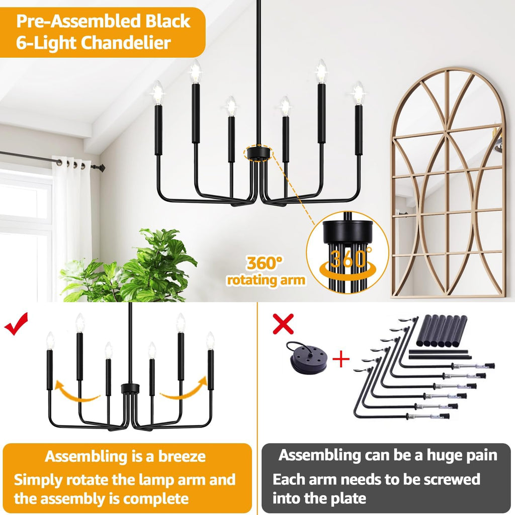 Black Chandelier, 6-Light Farmhouse Chandelier for Dining Room Lighting Fixtures Hanging