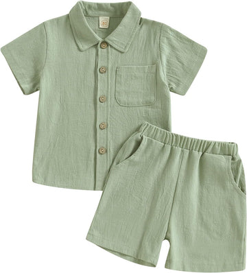 Toddler Baby Boy Linen Outfits Solid Color Short Sleeve Lapel Button Down Shirt and Shorts Summer Clothes Set