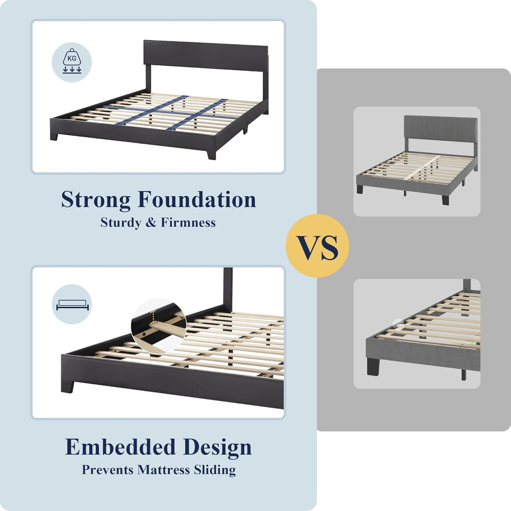 King Bed Frame with Adjustable Headboard, Faux Leather Platform Bed with Wood Slats, Heavy Duty Mattress Foundation