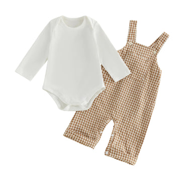 Newborn Infant Baby Boy Fall Clothes Long Sleeve Romper Top Gingham Plaid Overall Pants Hat 3Pcs Fall Outfits Set