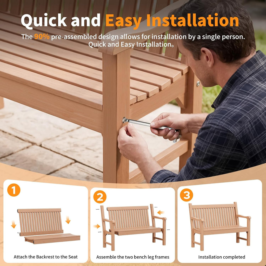 2-Person Outdoor Bench with 700 Lbs Weight Capacity, Teak | Poly Lumber Weatherproof Garden Bench Seating for Porch