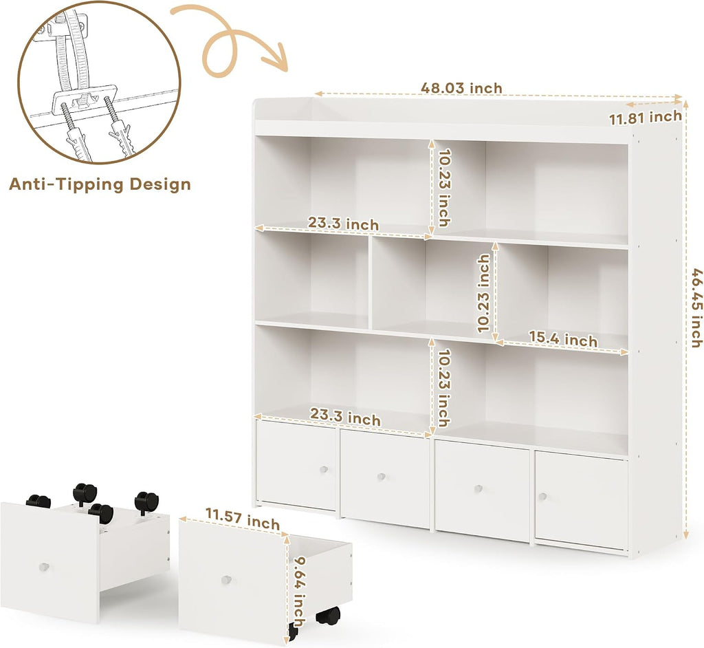 Large Toy Storage Organizer and Kids Bookshelf with 7 Cubes, 2 Sliding Drawers, 2 Magnetic Cabinets, Toy Organizers