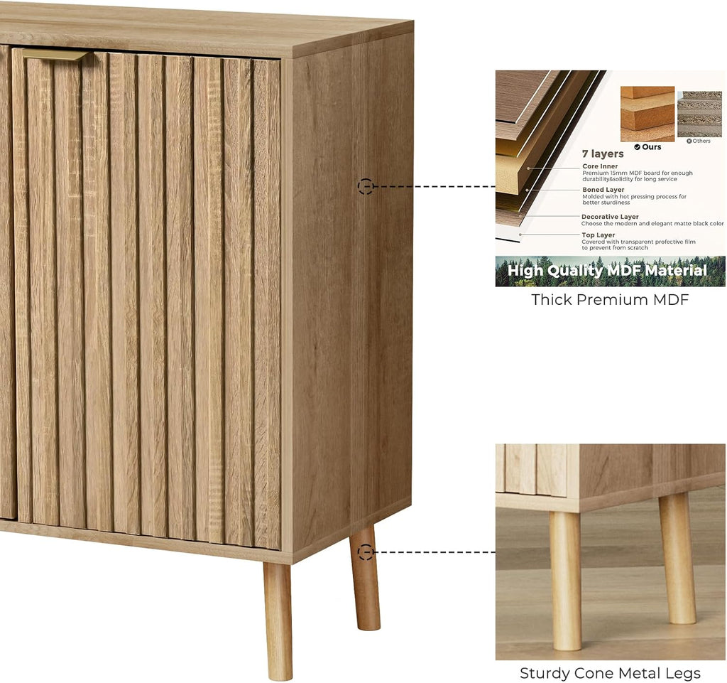 Fluted Storage Cabinet, Free Standing Buffet, Wood Sideboard, Multifunctional Accent Storage (1, Oak)