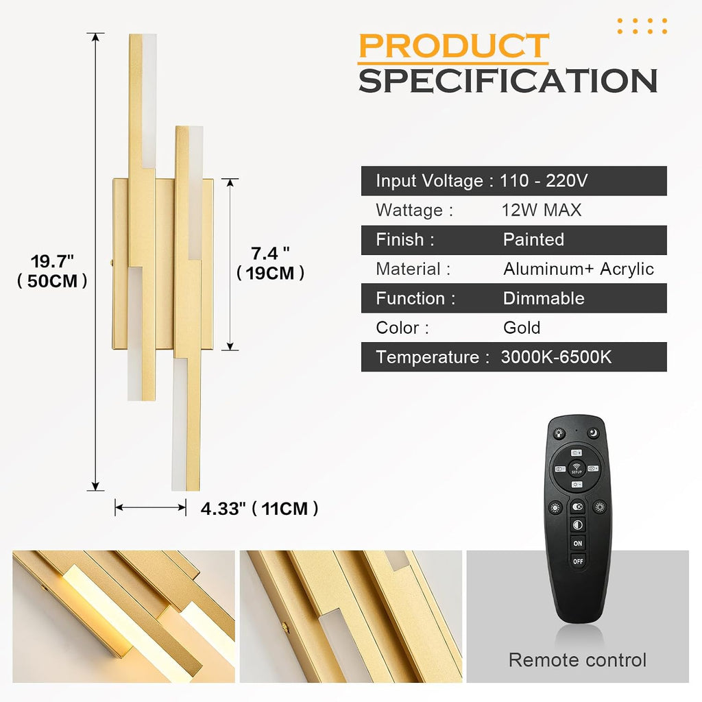 Modern LED Vanity Lights Set of 2, Gold Wall Sconce with Remote Control Dimmable Indoor Wall Light Bedside Remote